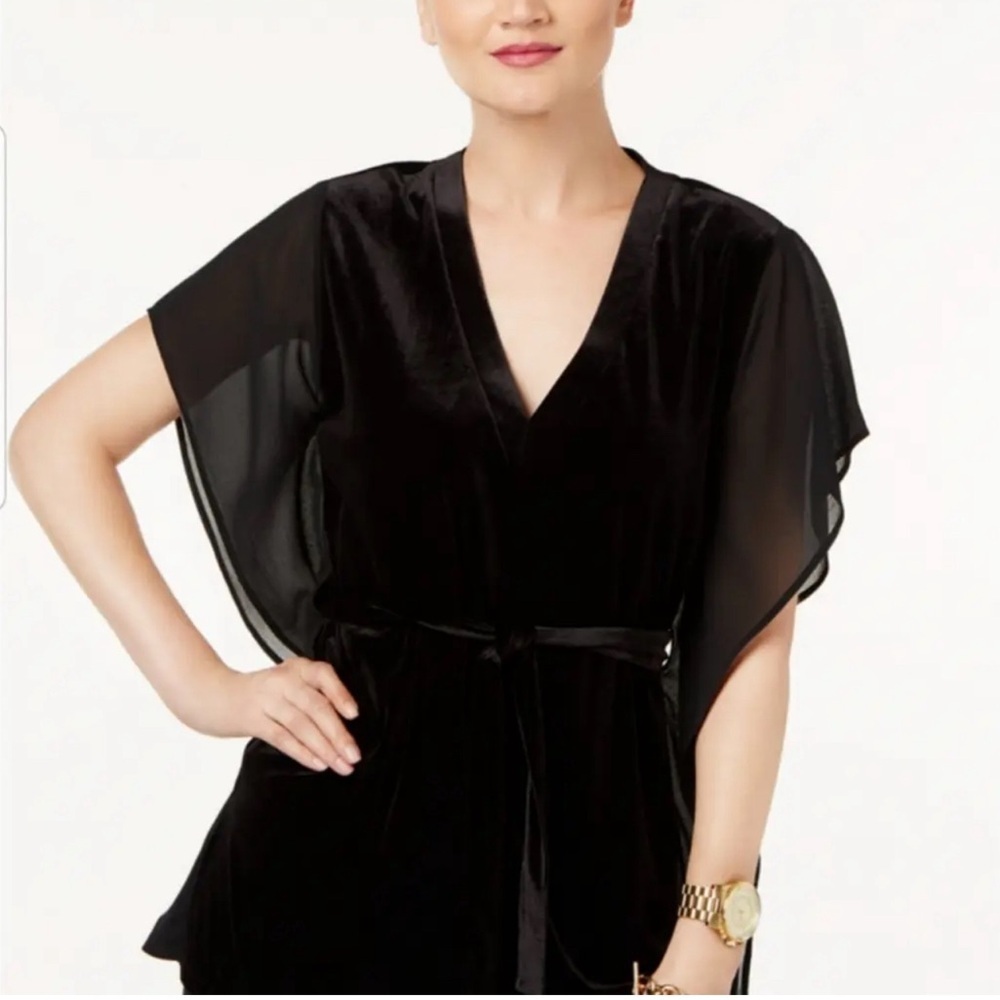 Michael Kors Black Velvet accent with Batwing short sleeves size Large- EUC